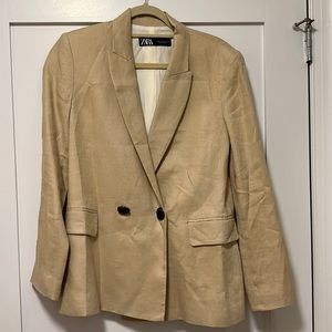 XS Linen Blend Zara Double Breasted Blazer in Light Tan